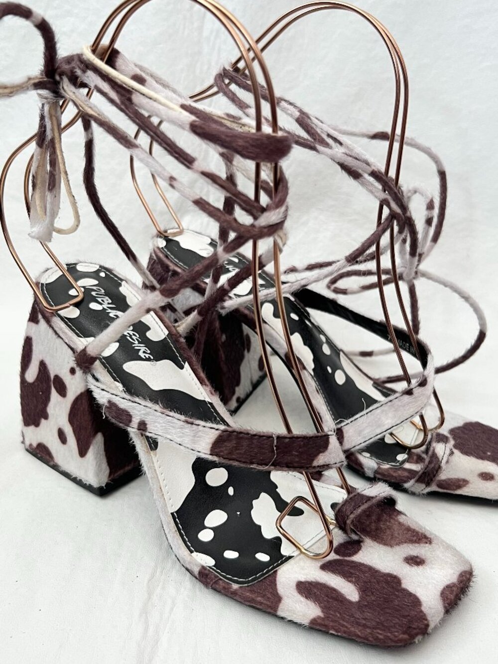 Public Desire sandals cow print high heels womens 7 faux fur ankle tie up chunky
